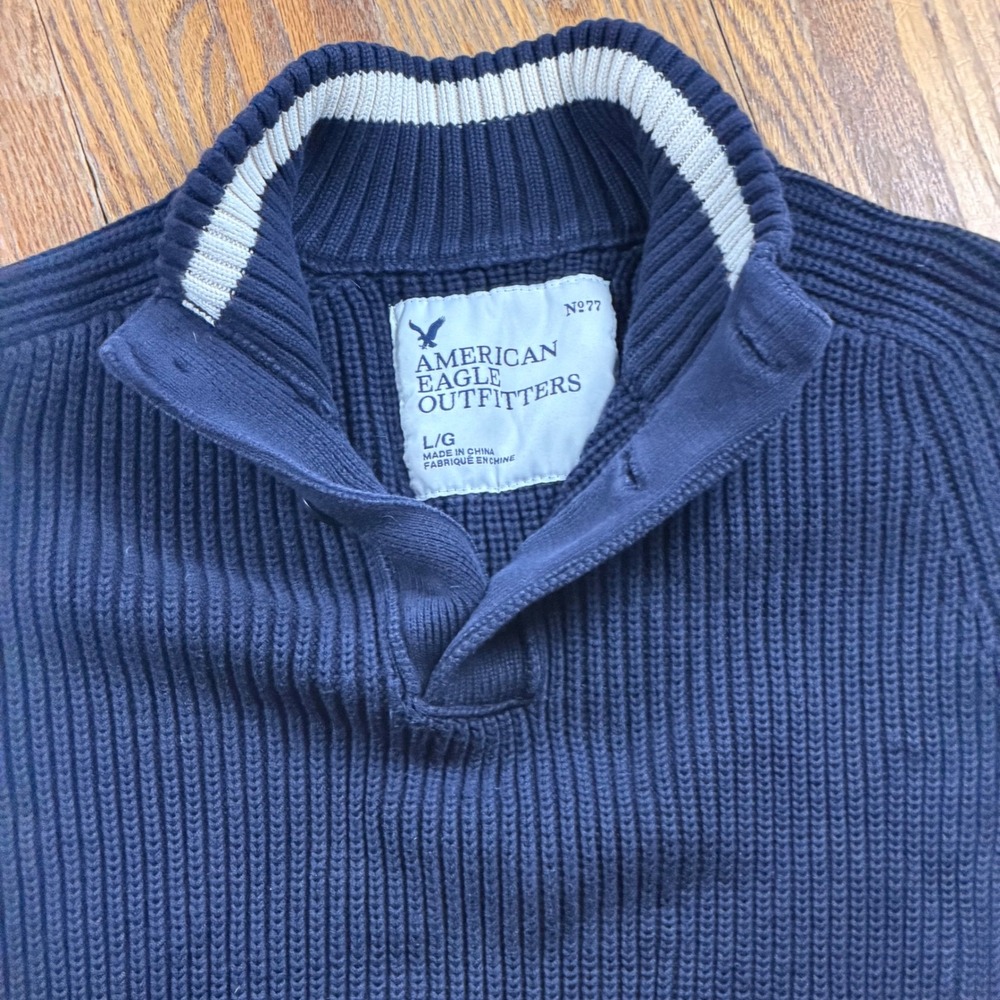 Y2K‎ Chunky Ribbed Sweater American Eagle Men Large Blue Mock Neck Button Preppy